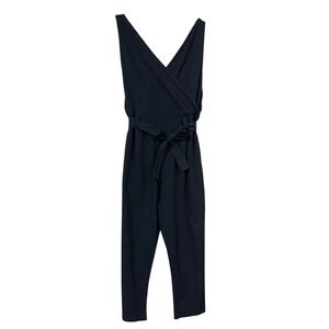Linen Women's Black Jumpsuit Sleeveless Tie  Pockets Casual Romper Vacation SZ M